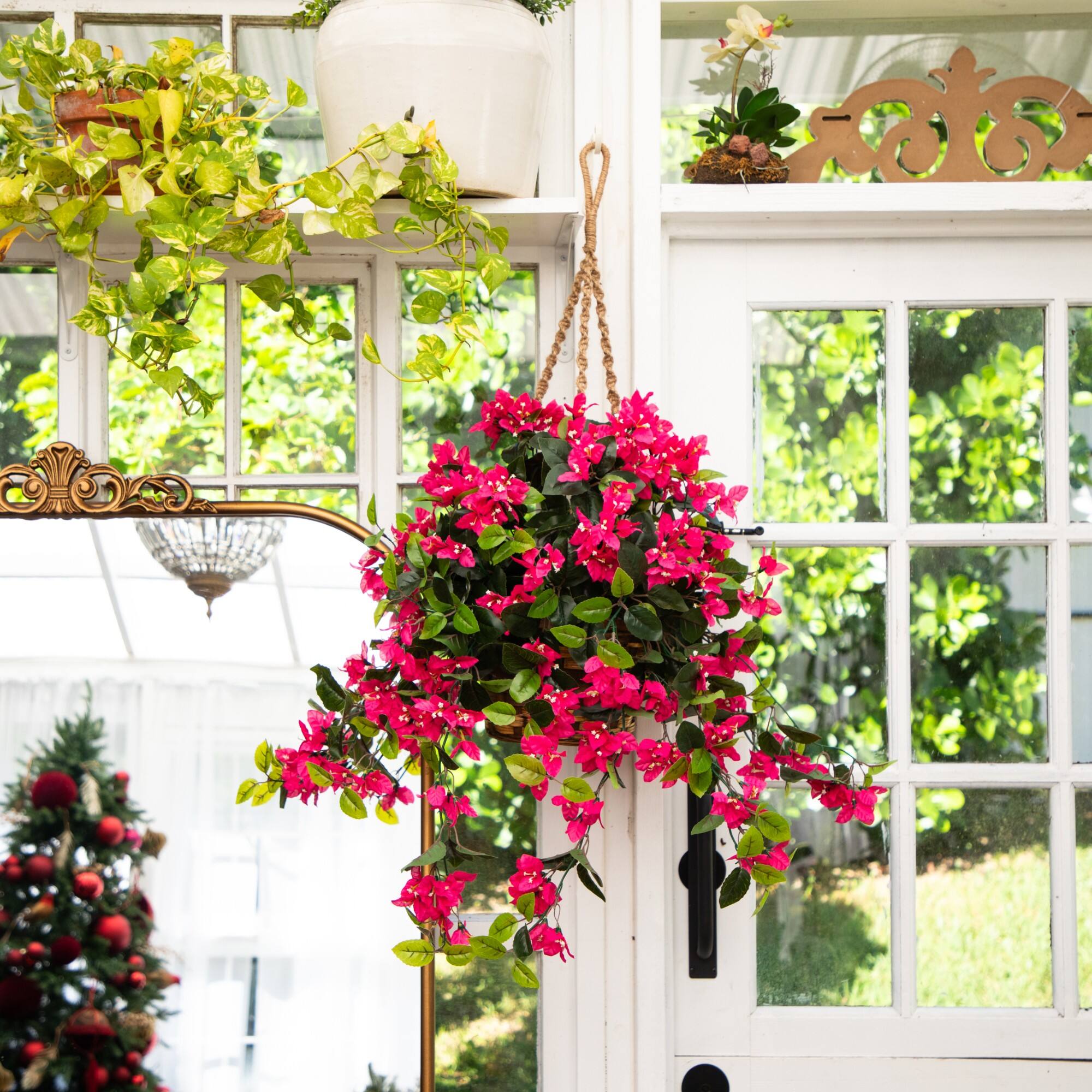 28" UV Resistant Artificial Bougainvillea in Hanging Basket